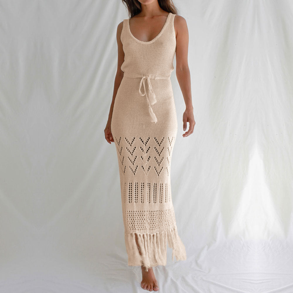 Robe de plage pare-soleil évidée à découpes avec bretelles, robe longue maxi pour femme, blouse de maillot de bain bikini à pompons