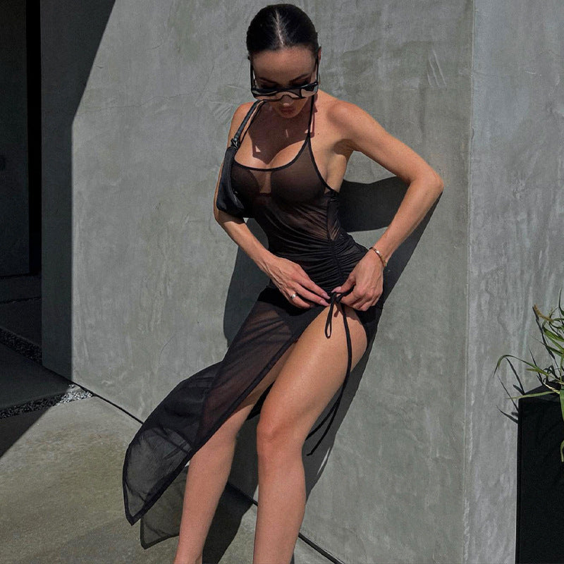 Damenkleidung Sommer Mesh Sexy Durchsichtig Schlitz Enganliegendes Kleid