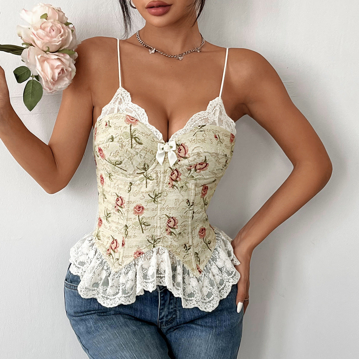 Damenbekleidung Vintage Jacquard Nische Naht Sexy Spitze Spitzen Spaghettiträger Weste