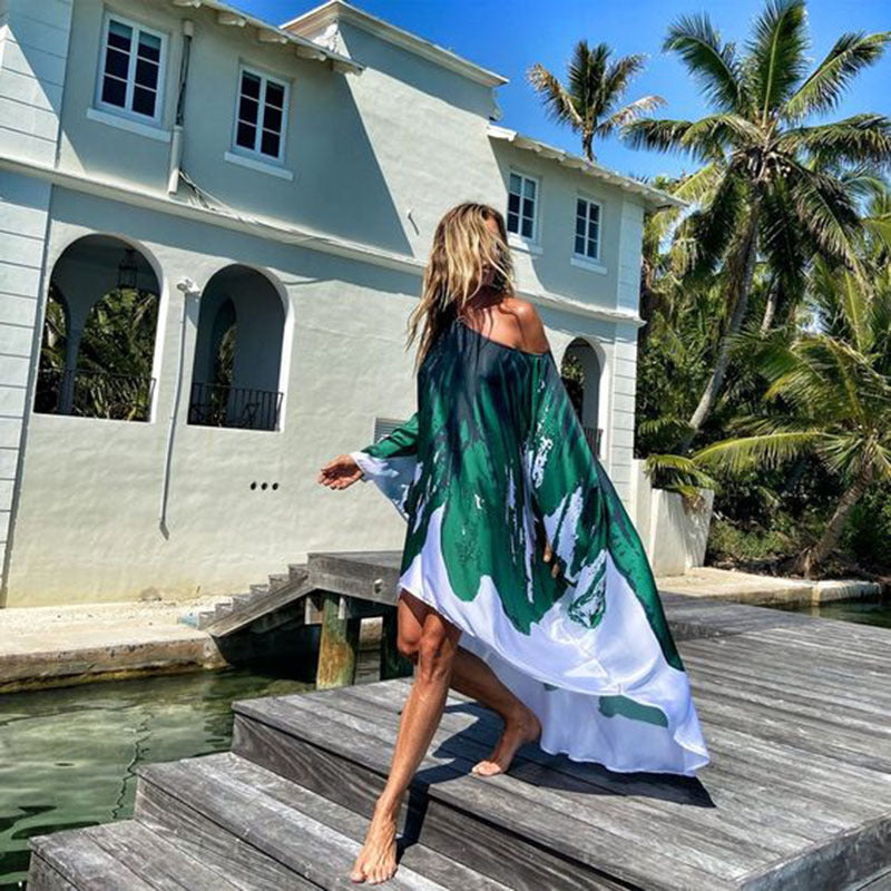 Frühlings-Schrägschulter-Freizeitkleid, sexy Strandkleid mit weitem Saum