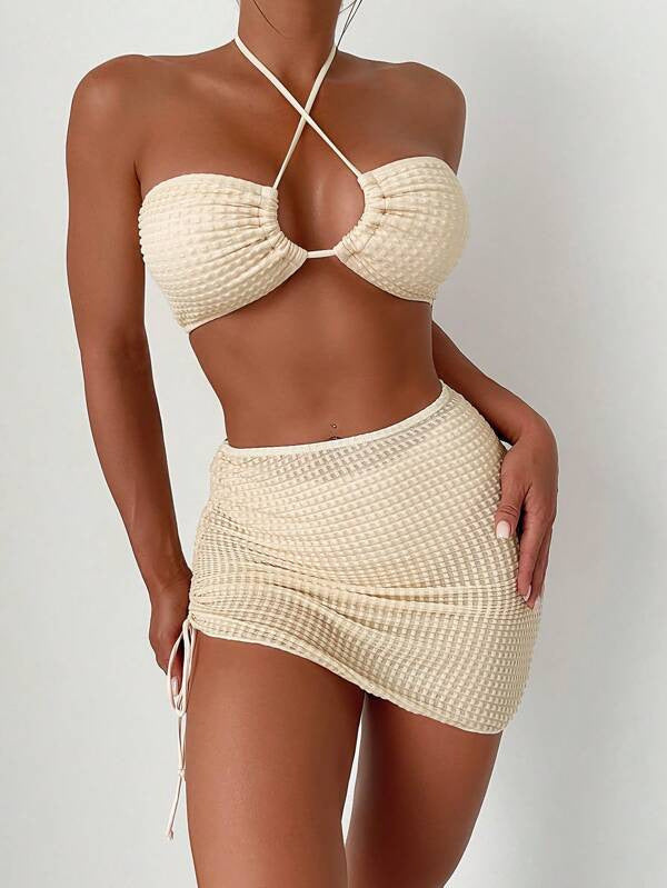 Maillot de Bain Trois Pièces Bikini Sexy Dos Nu avec Cordon de Serrage pour Femme