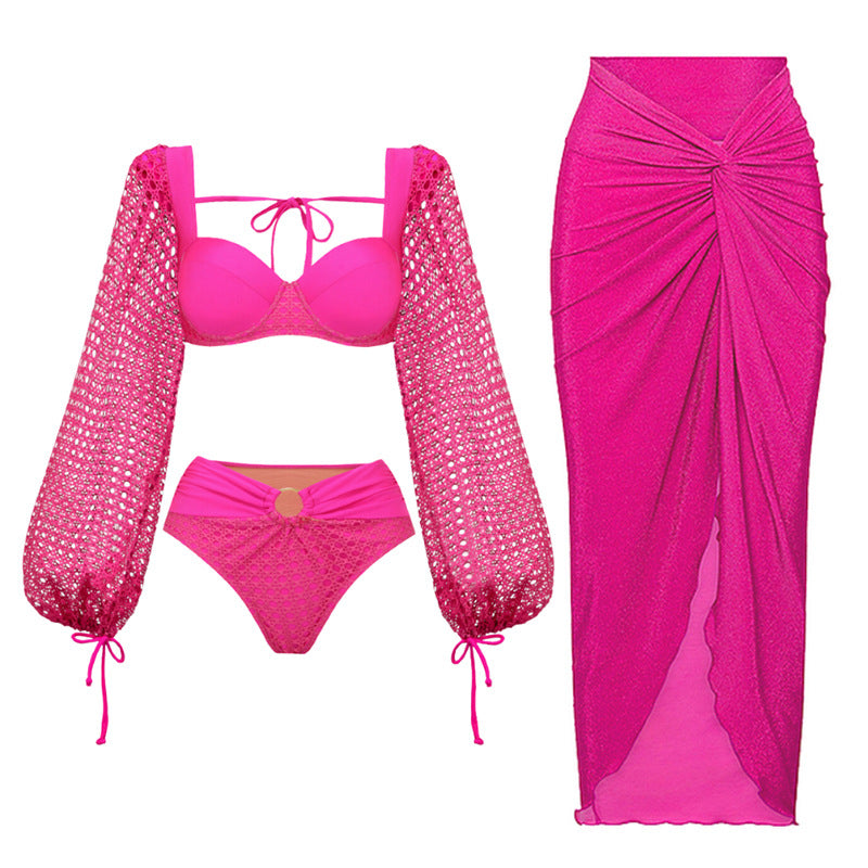 Maillot de Bain Deux Pièces Femme Manches Longues Découpes Évidées Taille Haute Bikini