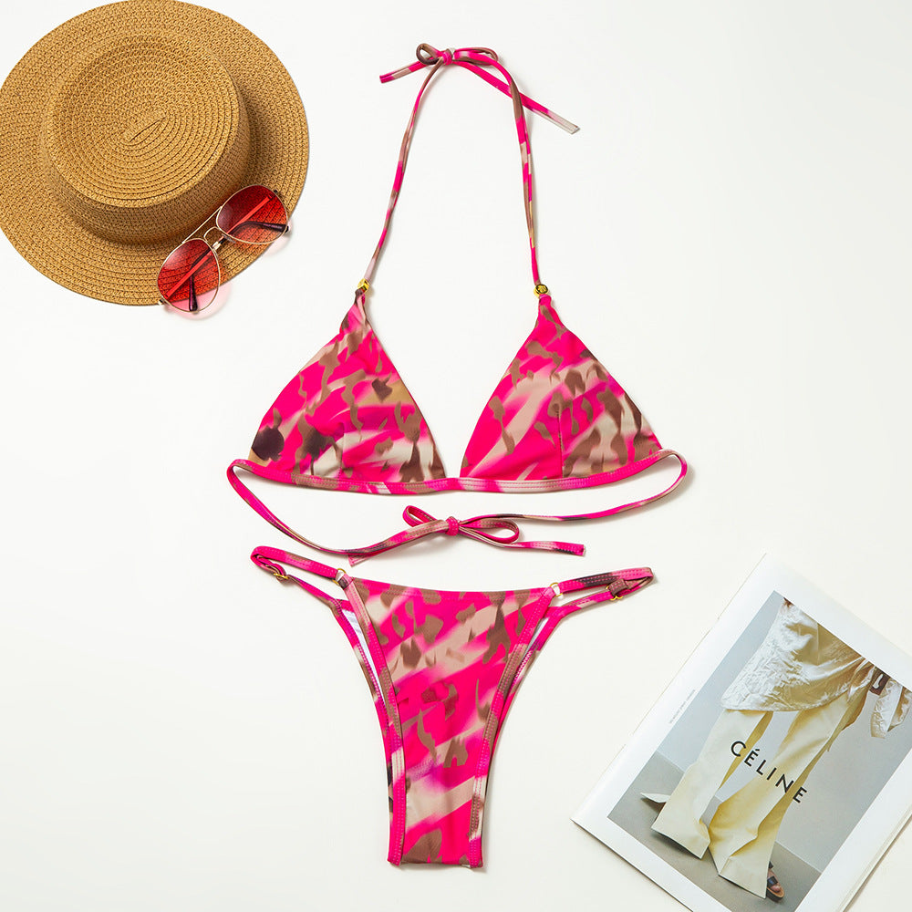 Maillot de bain deux pièces pour femme, imprimé avec lacets en mousseline
