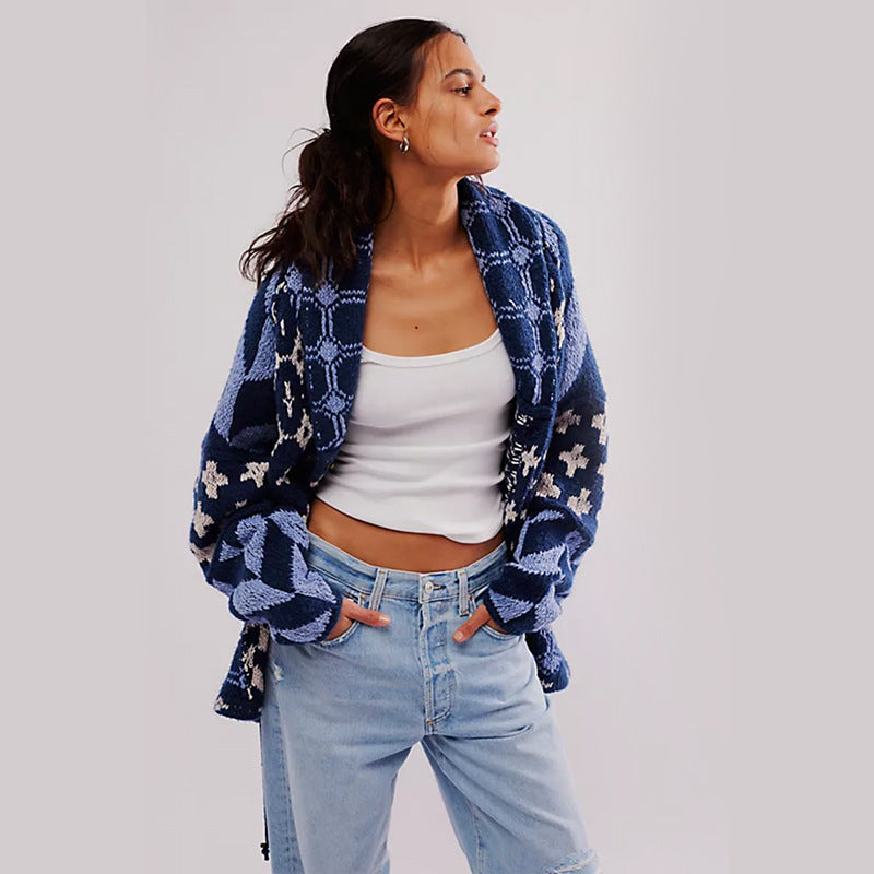Pull tricoté ample à col et manches longues avec imprimé abstrait Automne Hiver pour femme