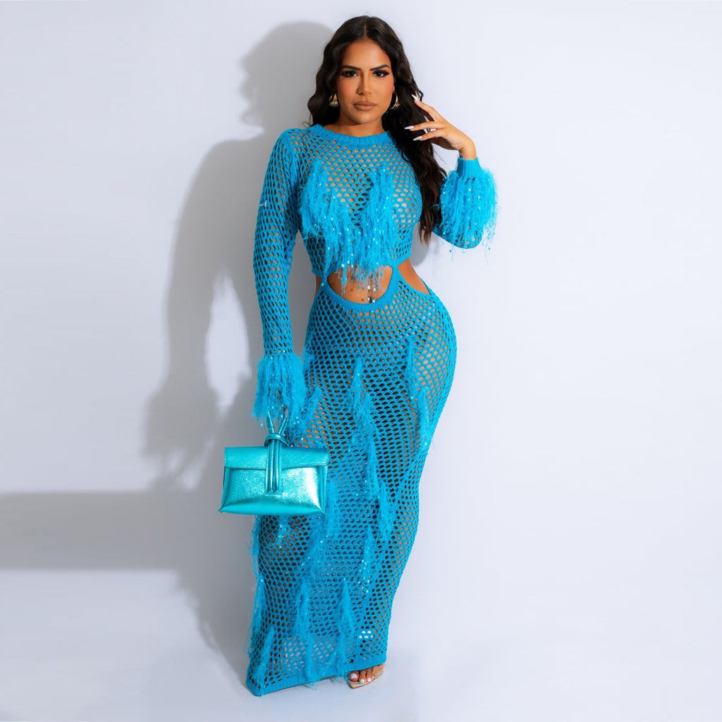 Damenbekleidung Sexy Handgemachtes Gestricktes Strandkleid Aushöhlen Cut-Out Nerz Quaste Maxikleid