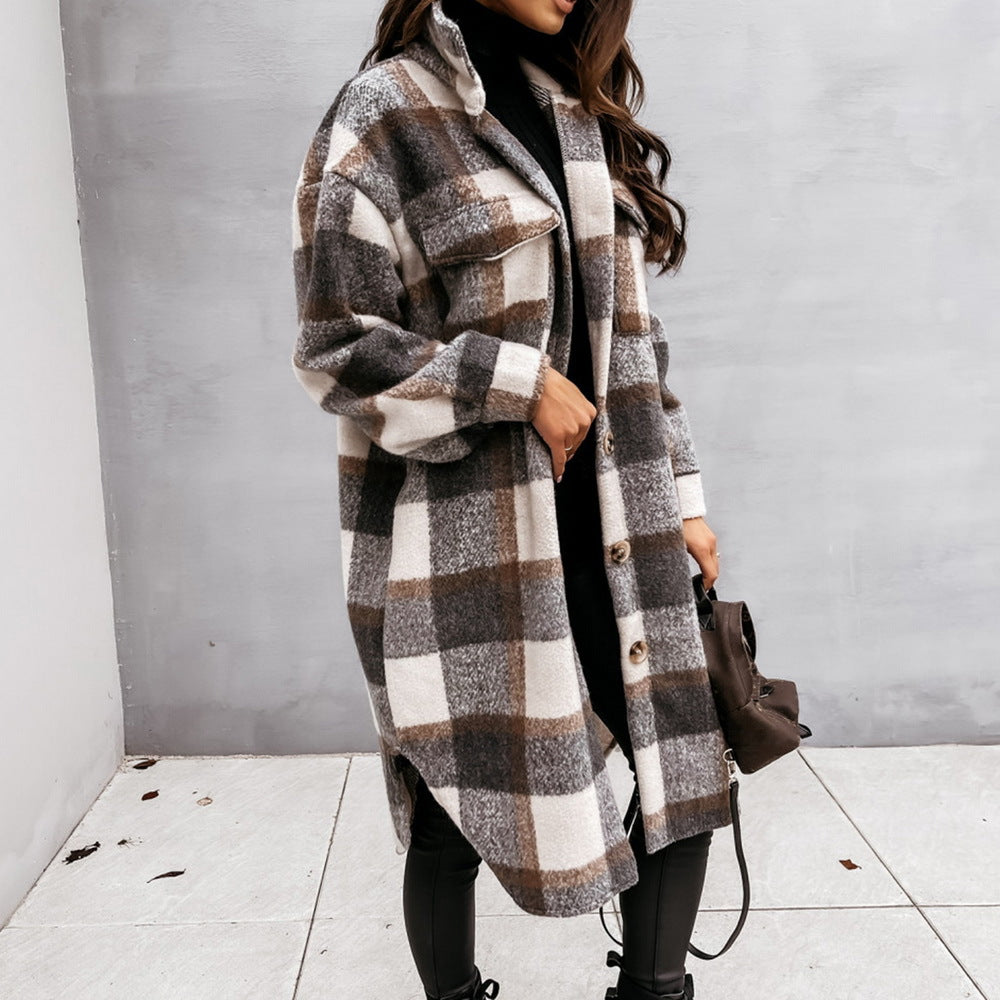 Manteau-chemise long d'hiver en laine, à col, simple boutonnage