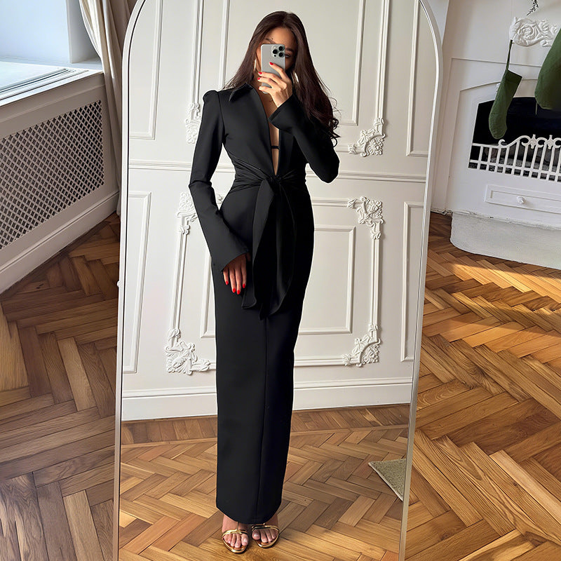 Damen Herbstkleid Einfarbig Kragen Eng Anliegend Schlank Lange Ärmel Reißverschluss Zum Schnüren