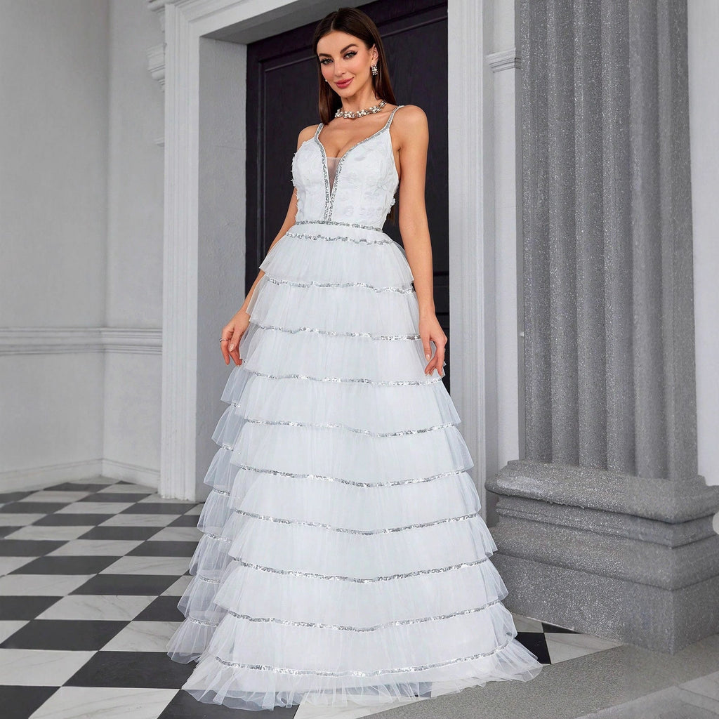 Robe de soirée à col en V à bretelles, robe bustier à superpositions pour femme