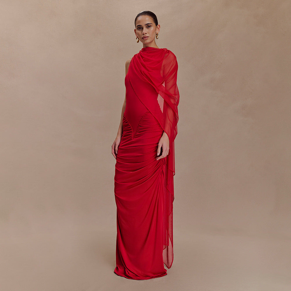 Modisches plissiertes Netz-Schal-Kleid, sexy Etui-Rundhals-Kleid, figurbetont