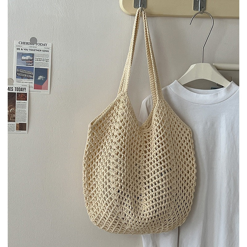 Sac tissé en fil de coton de grande capacité décontracté, sac de paille creux ajouré, sac à bandoulière décontracté, sac de plage de vacances, sac pour femmes