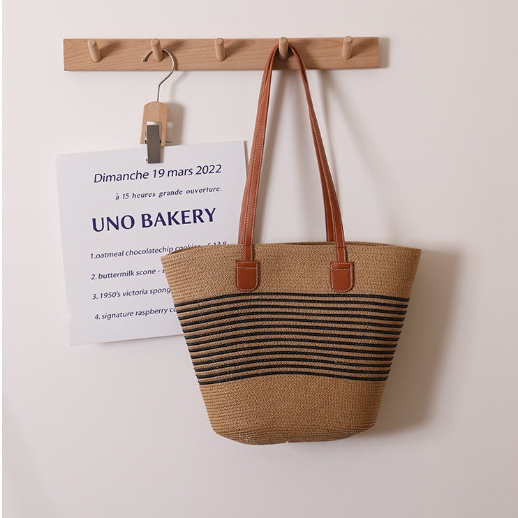 Einfache Schulter-Stroh-Tasche, gewebte Tasche, Sommer, große Kapazität, lässig, All-Match, Damen, Strand, Rattan-gewebte Tasche