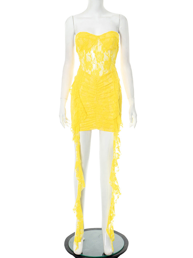 Robe courte fourreau moulante sans manches et sans dos en dentelle à volants avec ruban pour femme