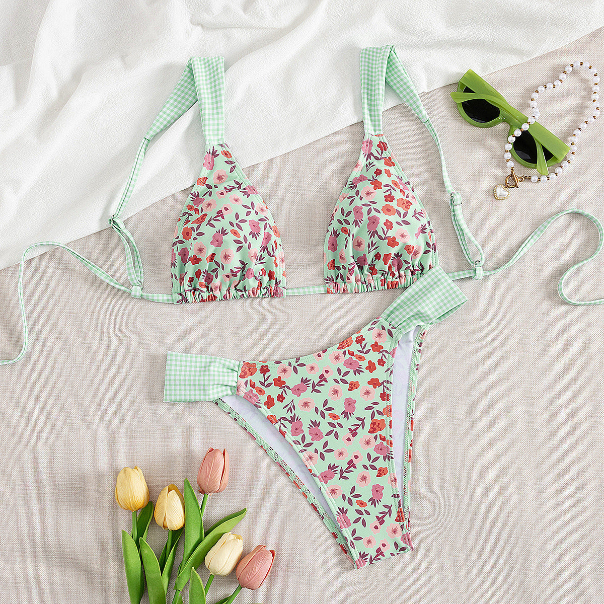 Bedruckter Badeanzug, Damen, Gürtel, Brustpolster, sexy Bikini, Blumen-Bikini, Badeanzug