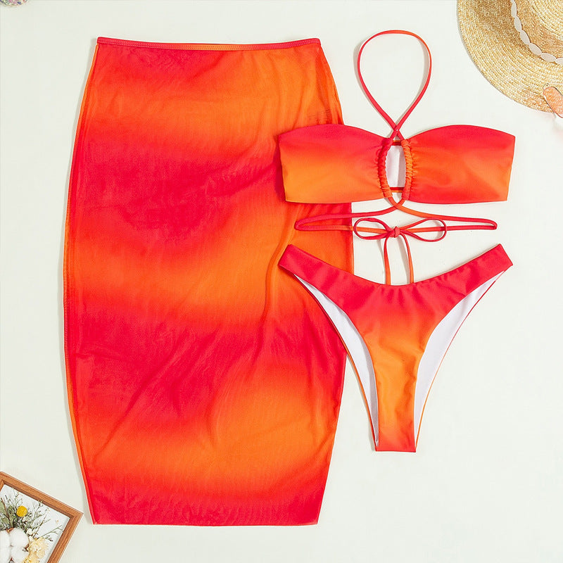 Strand-Badeanzug Damen Dreiteiler Sommer Sonnenschutz Langer Bademantel Bikini