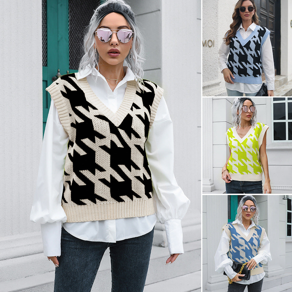 Hahnentritt V-Ausschnitt Weste Pullover Damen Weste Oberbekleidung Unterbekleidung Herbst Winter Strickwaren Pullover Bouclé