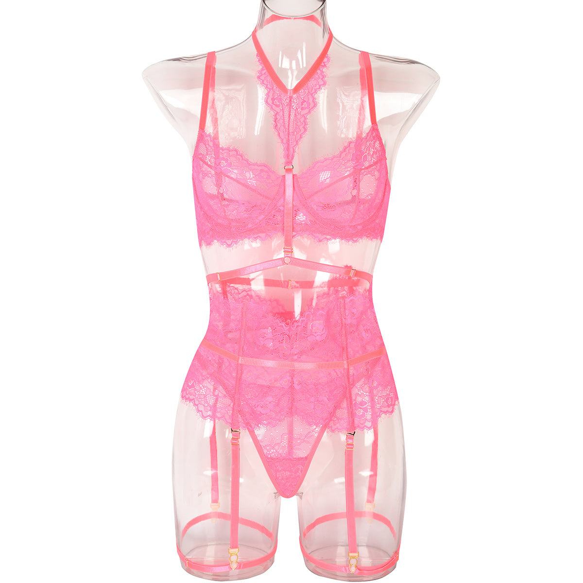 Sexy dreiteiliges Sommer-Set mit Wimpernspitze, Nähten und Halter-Fußring