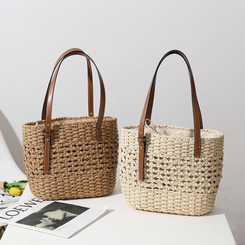 Sac en Paille Tressé pour Femmes, Sac à Main Creux Fait à la Main, Sac Porté Épaule Portable en Paille Tressée pour Vacances à la Plage