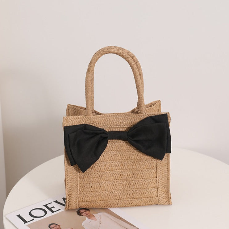 Sac de paille à nœud doux Sac de paille portable pour fille mignonne Sac tissé Sac de plage de vacances en bord de mer