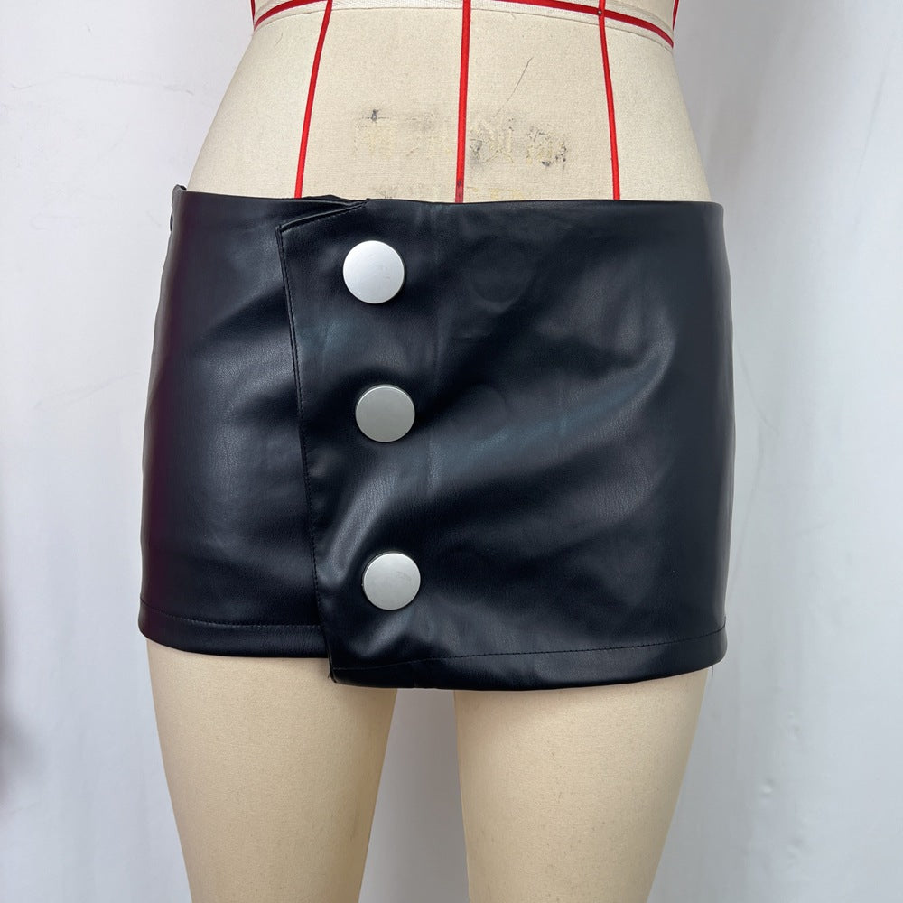 Sexy Cool Hüftrock Großes Knopfdesign Irreguläres, asymmetrisches Nahtdesign Kurzer Rock aus Kunstleder