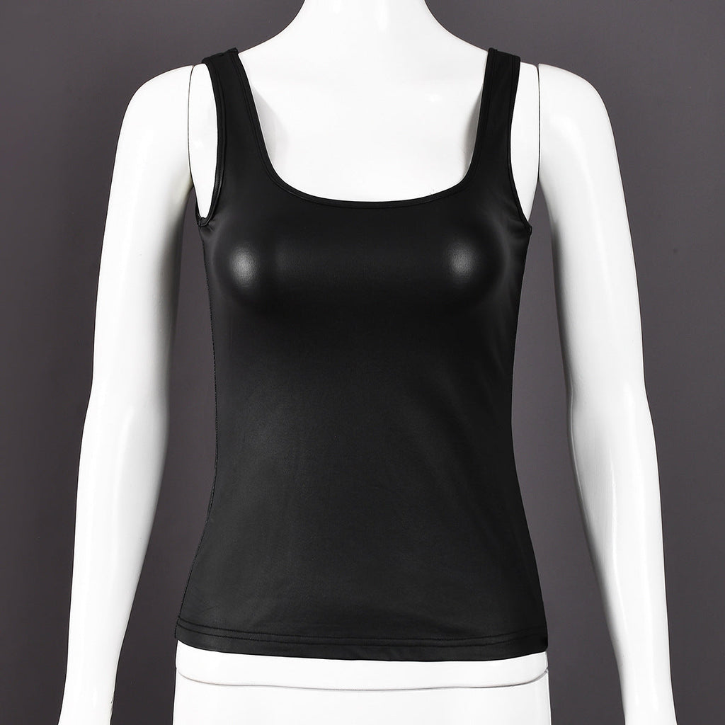 Gilet court dénudé sexy à bretelles enduites de couleur unie pour femme, col en U, été