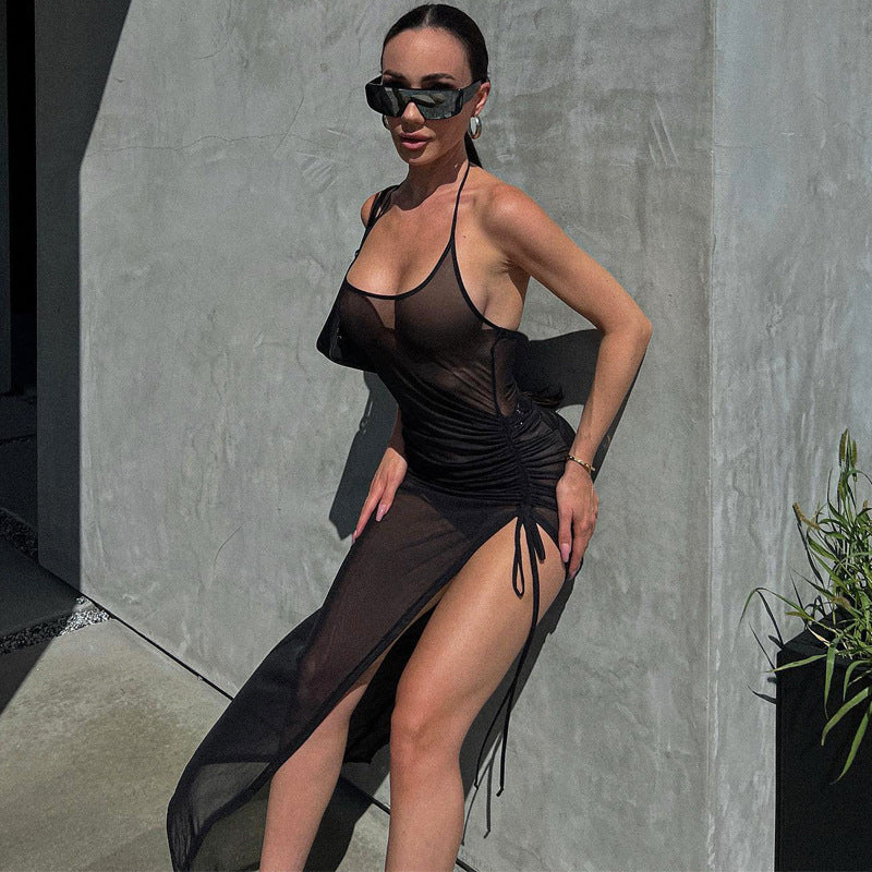 Damenkleidung Sommer Mesh Sexy Durchsichtig Schlitz Enganliegendes Kleid