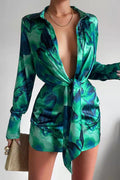Robe Chemise à Manches Longues Boutonnée Série Imprimée Numérique pour Femmes Sexy