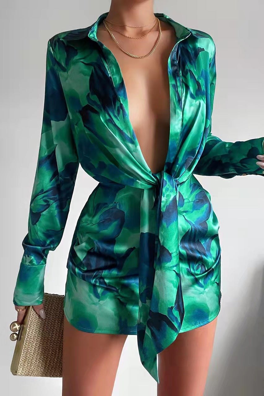 Robe Chemise à Manches Longues Boutonnée Série Imprimée Numérique pour Femmes Sexy