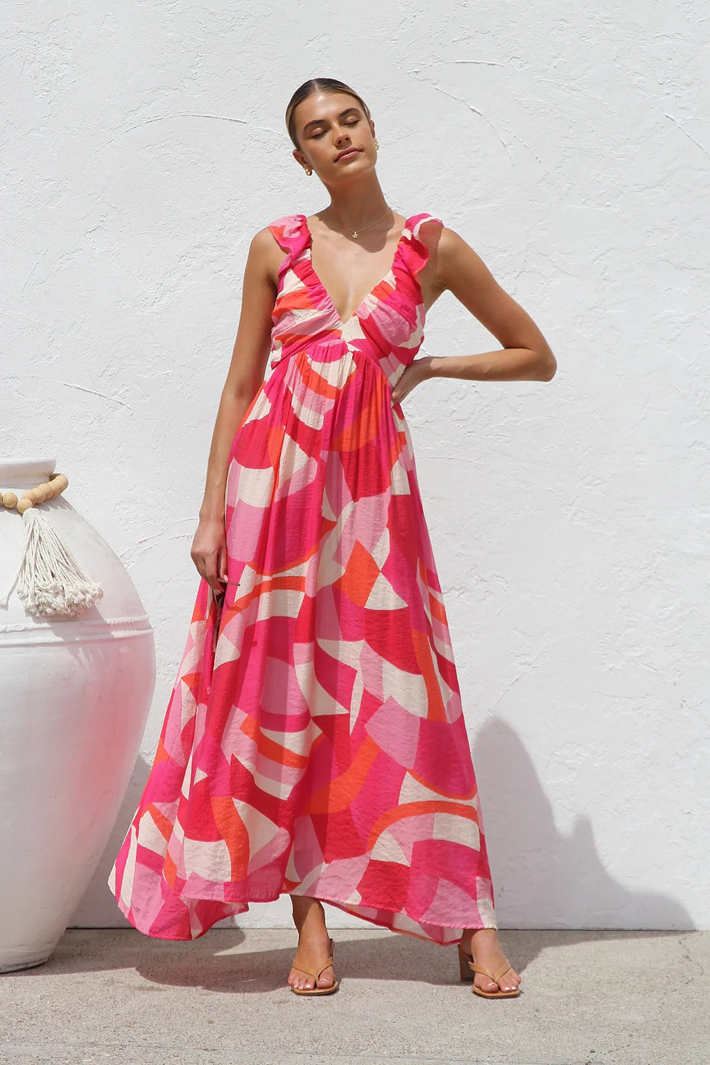 Sommerkleid gleicher Druck V-Ausschnitt großes Schaukel-Trägerkleid Damen