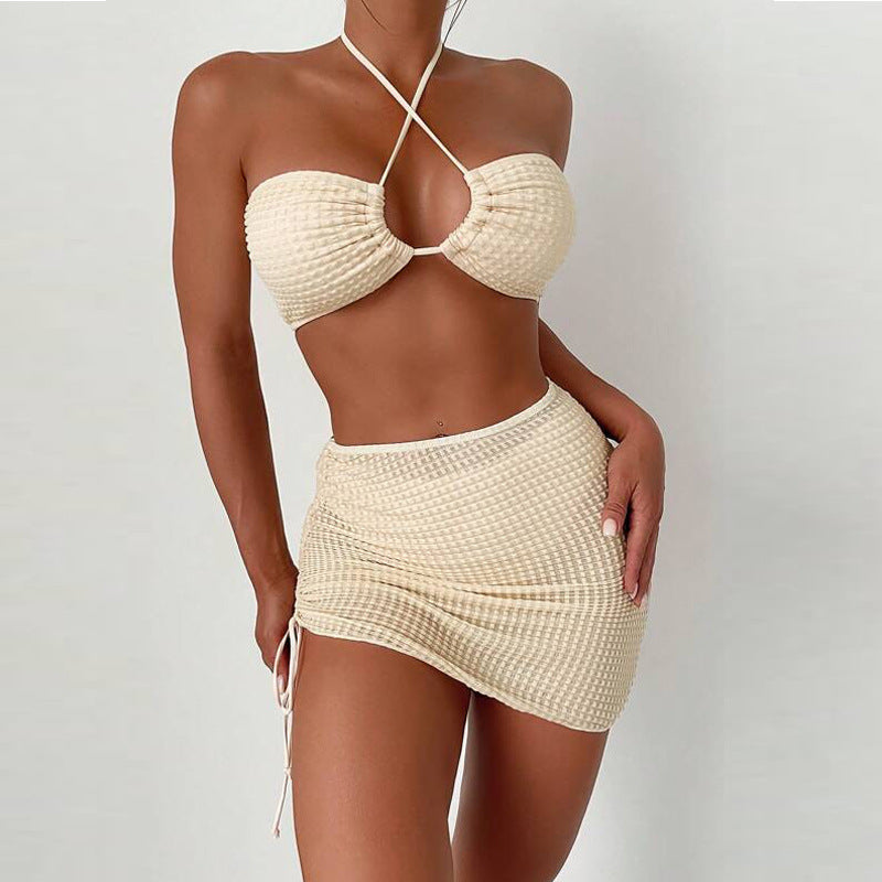 Maillot de Bain Trois Pièces Bikini Sexy Dos Nu avec Cordon de Serrage pour Femme