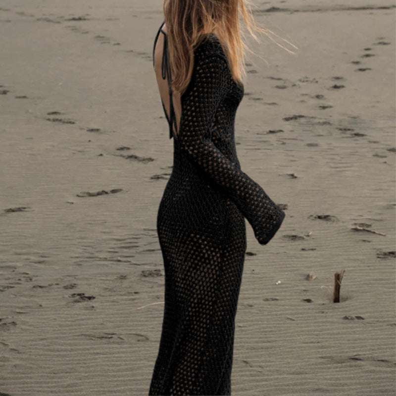 Urlaub Vorne Lang Hohl Ausgeschnitten Metallschnalle V-Ausschnitt Langarm Strandkleid Sonnenschutz Rückenfreies Smock-Kleid