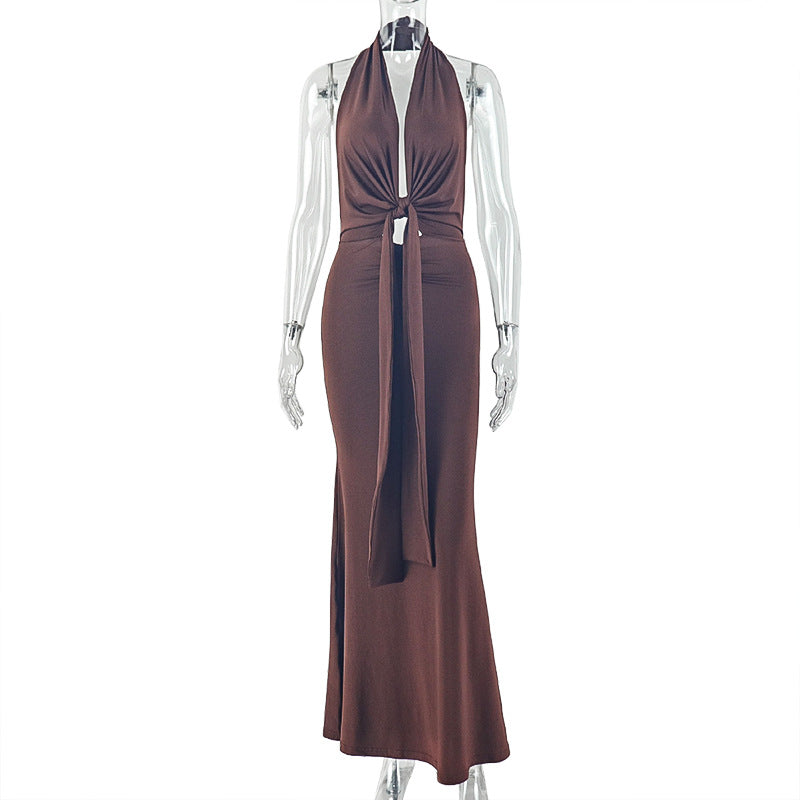 Robe longue confortable à bretelles, décolleté dos nu, taille cintrée, plissée, lacée, jupe moulante pour femme