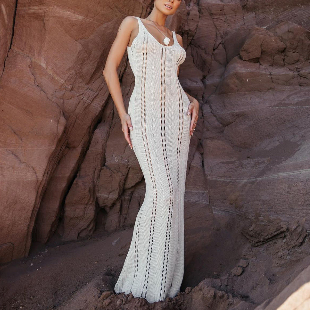 Frühling Sommer Damen Kleidung Rückenfrei Sexy Hüfte Strickwaren Strandkleid Blusenkleid