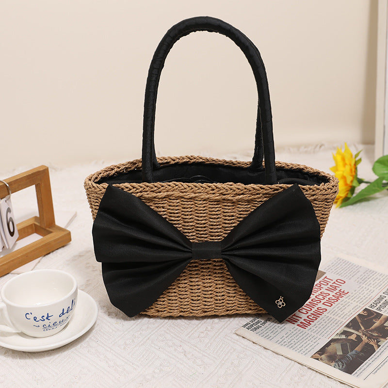 Sac en paille Mori Bow, sac portable simple tissé à la main, sac de plage de vacances au bord de la mer, sac tissé en rotin