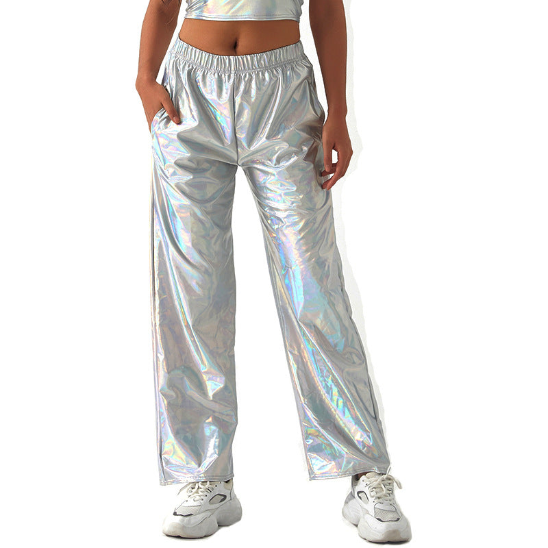 Metallisch beschichtete Stoff Freizeithose Damen High Street Design Aurora Laser Gradient Hohe Taille Gerade Hose All Matching Elastische Mop-Hose
