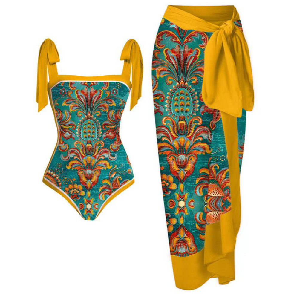 Zweiteiliger Badeanzug Vintage-Print Bauchweg Figurformend Sonnenschutz Strandkleid Badeanzug