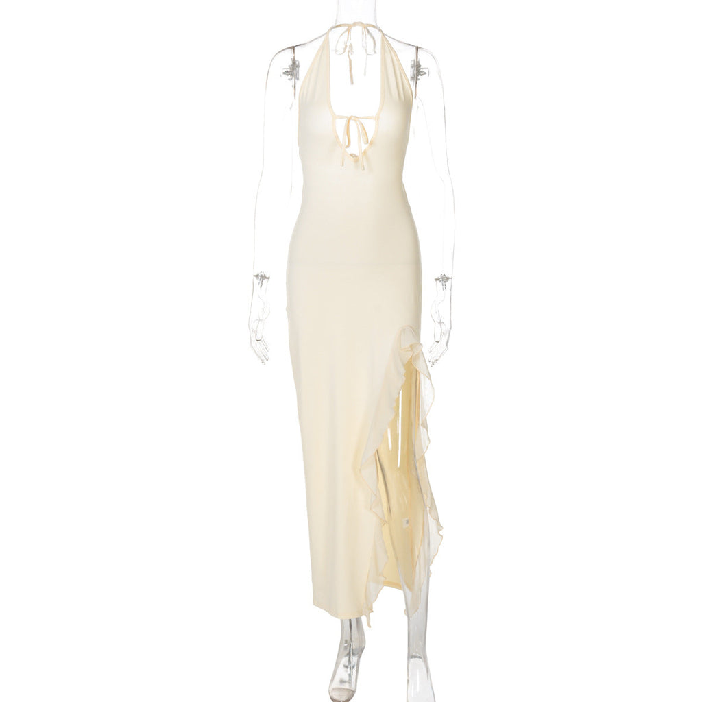 Robe Femme Hiver Volants Sexy Col V Lacets Dos Nu