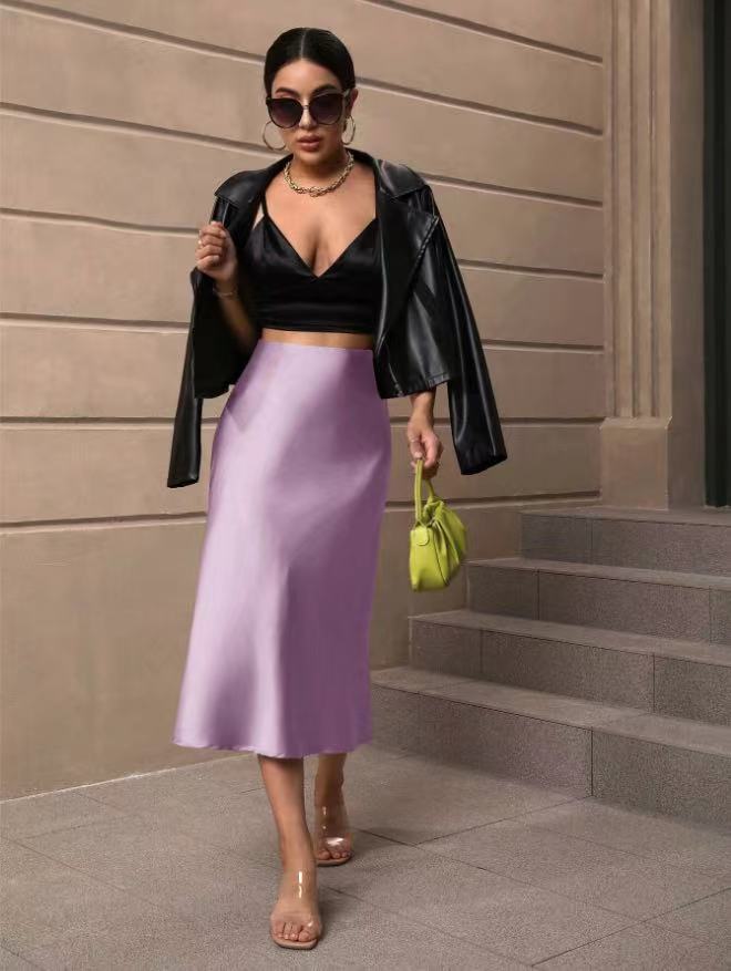 Eng anliegender Fishtail-Rock aus Satin, mittellanger Rock, Herbstkleidung für Damen, Direktversand