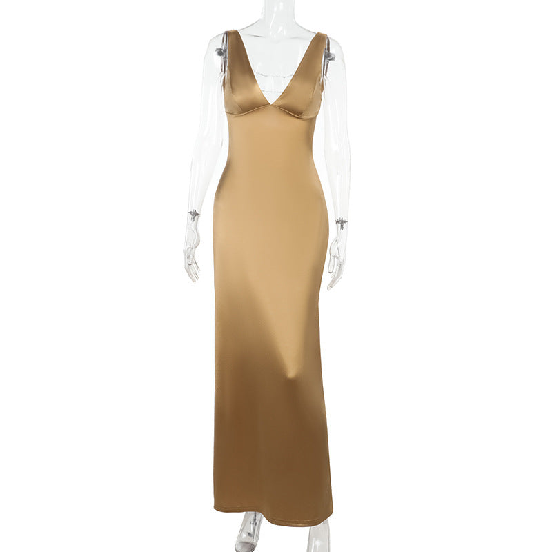 Robe de vacances sexy à col en V, dos nu et collier de perles pour femme