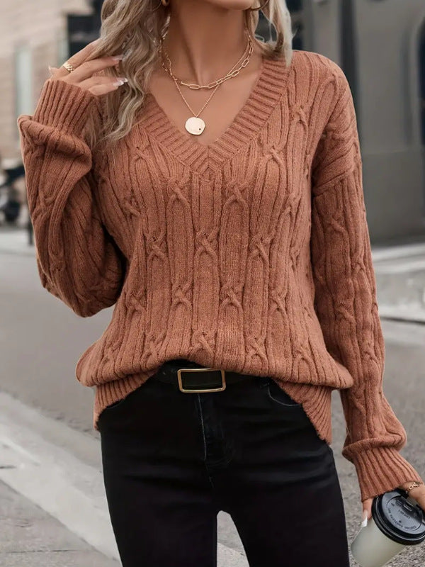 Damenbekleidung Herbst Winter V-Ausschnitt Pullover Damen Zopfmuster Einfarbig Pullover Locker Oberteil