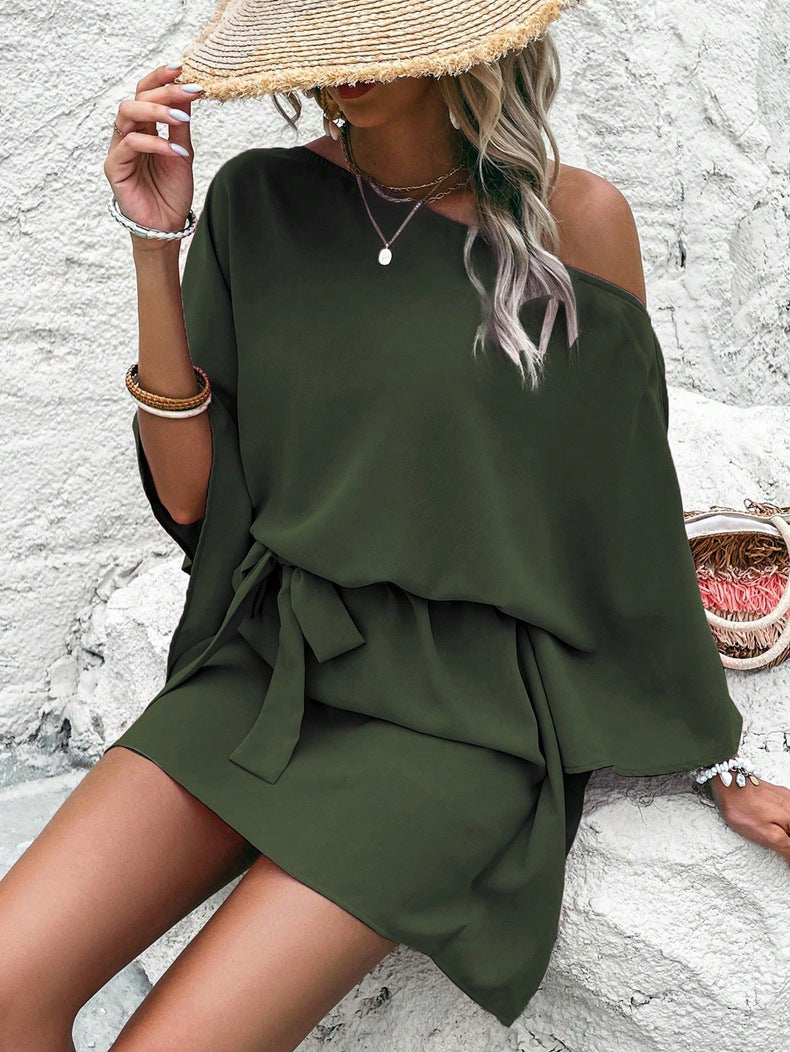 Robe en satin pour femme, épaules dénudées, taille haute asymétrique