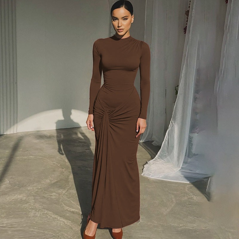 Robe Fourreau d'Été Cintrée à Lacets pour Femme, Manches Longues, Couleur Unie, Coupe Ajustée