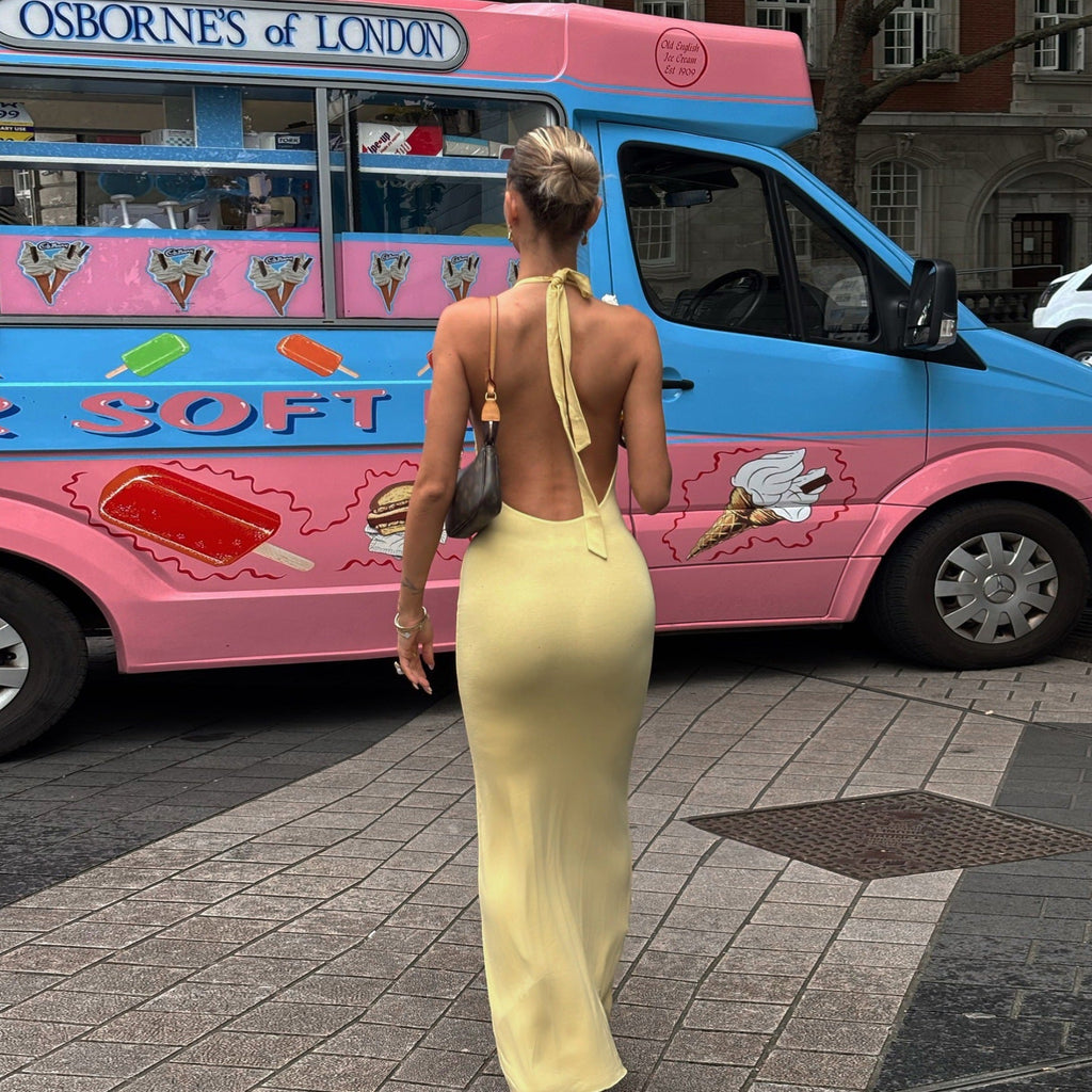 Damenbekleidung Sommer Sexy V-Ausschnitt Neckholder Rückenfrei Hohe Taille Schmal Unifarbenes Kleid