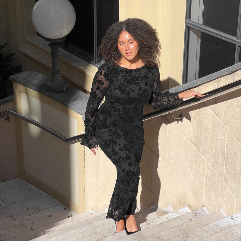 Robe sexy imprimée dos nu à manches longues pour femme - Élégance et mode automnale