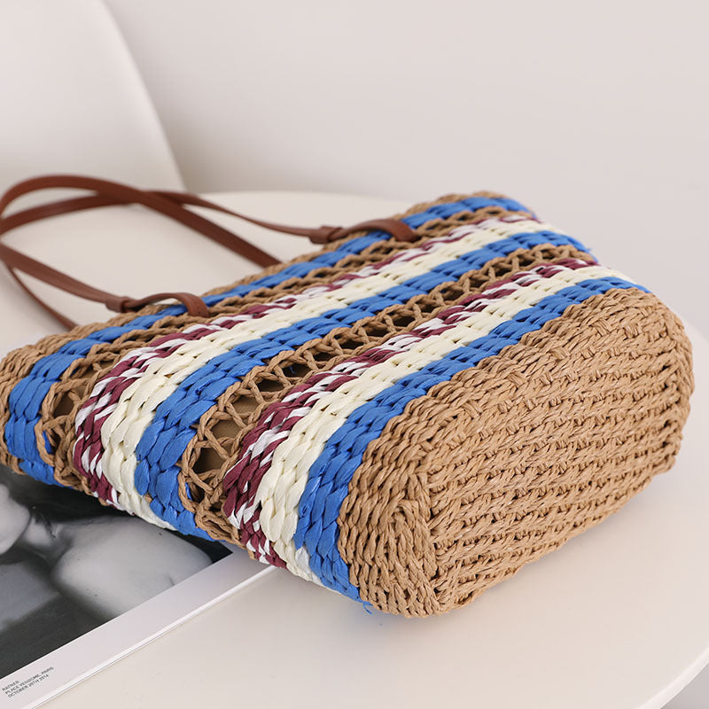 Sac en paille évidé, sac en paille rayé vintage, sac tissé portable, sac de plage pour vacances en bord de mer, sac à bandoulière
