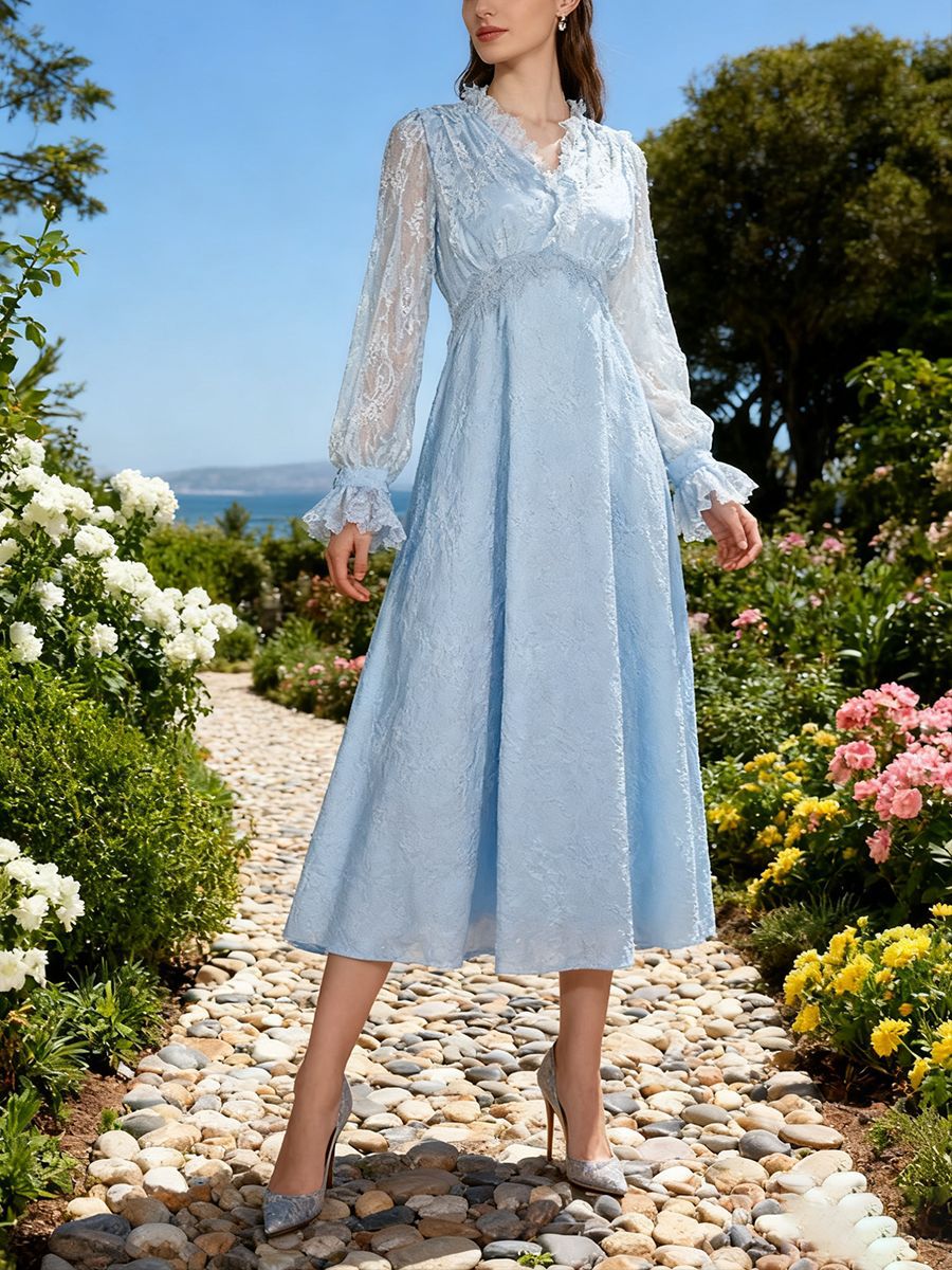 Spitzen-Langarm-Elegantes Kleid Herbst Hoher Sinn V-Ausschnitt Tailliertes Schlankheitskleid Damen