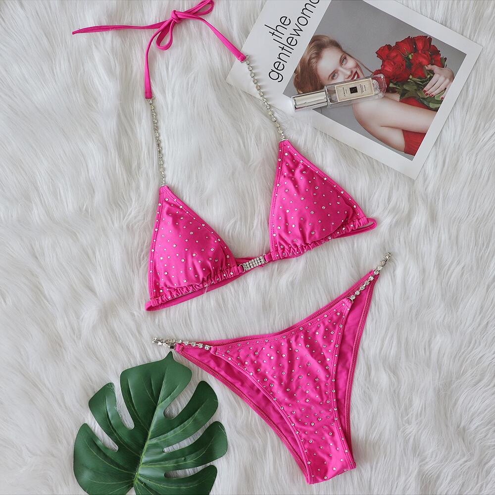 Neuer Bikini Sexy Kristall-Diamant-Kette Geteilter Damen Badeanzug Einfarbiger Schnür-Bikini