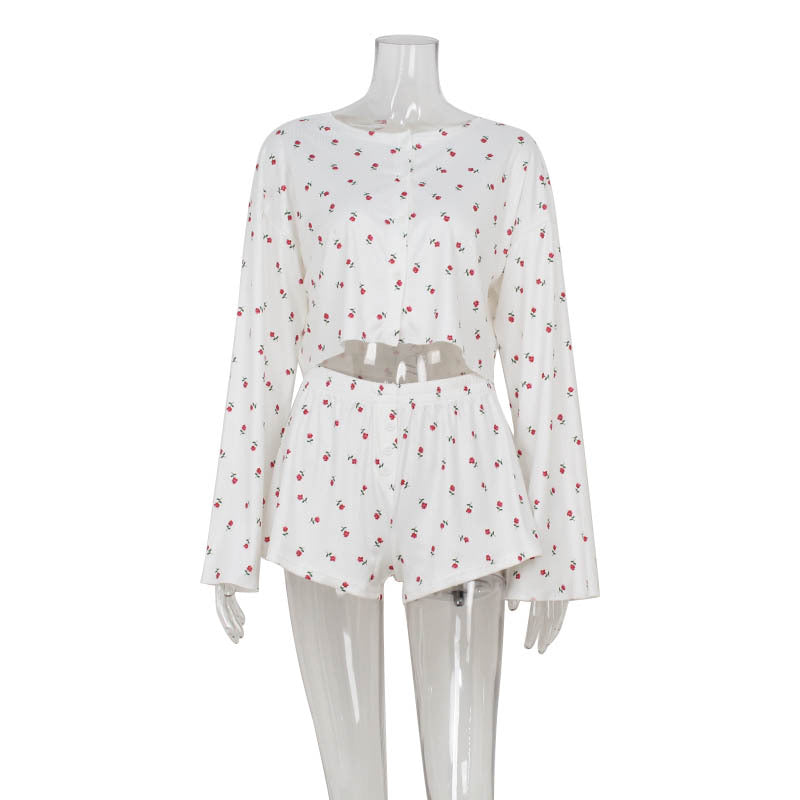 Ensemble deux pièces sexy pour filles : cardigan à manches longues, crop top floral à oreille de bois et short décontracté pour la maison