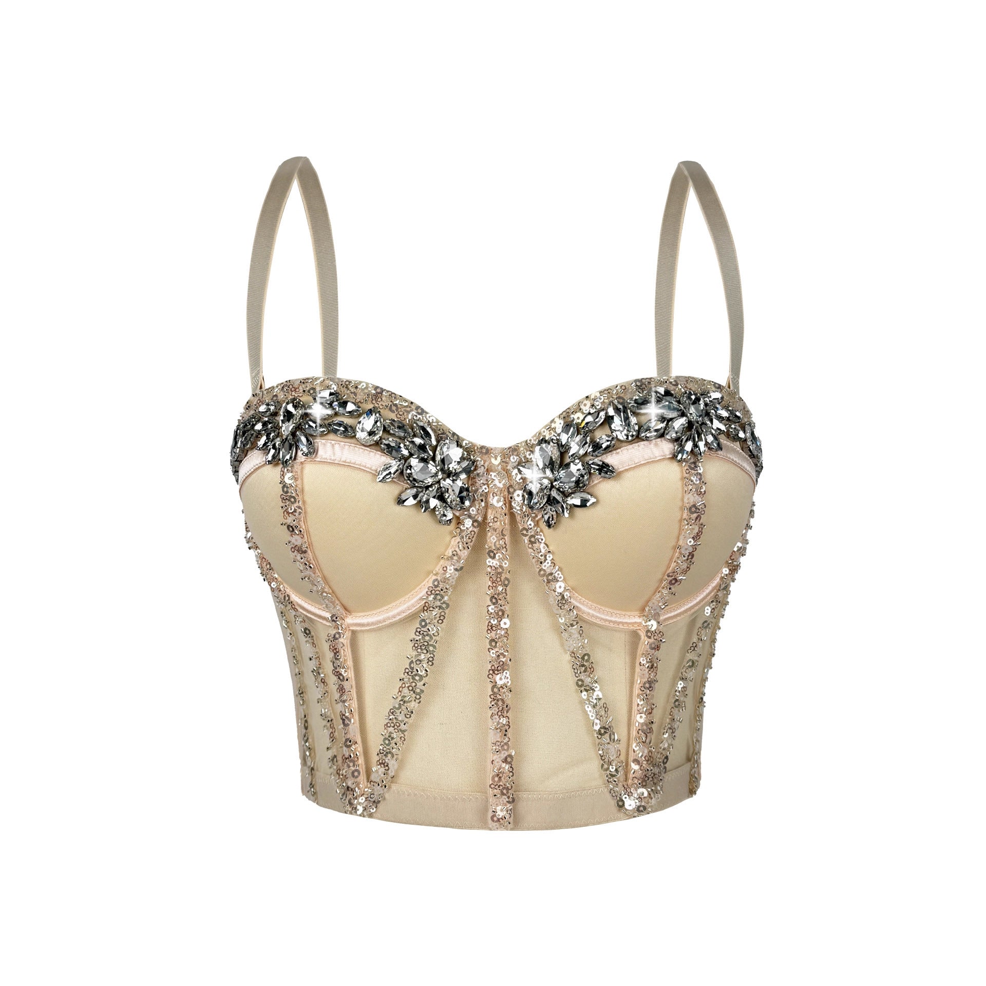 Rhinestone Mesh Boning Corset Bra Semi-Transparent Sexy Slimming Sling Bandeau Slim Fit Rhinestone Boning Corset Top Stage