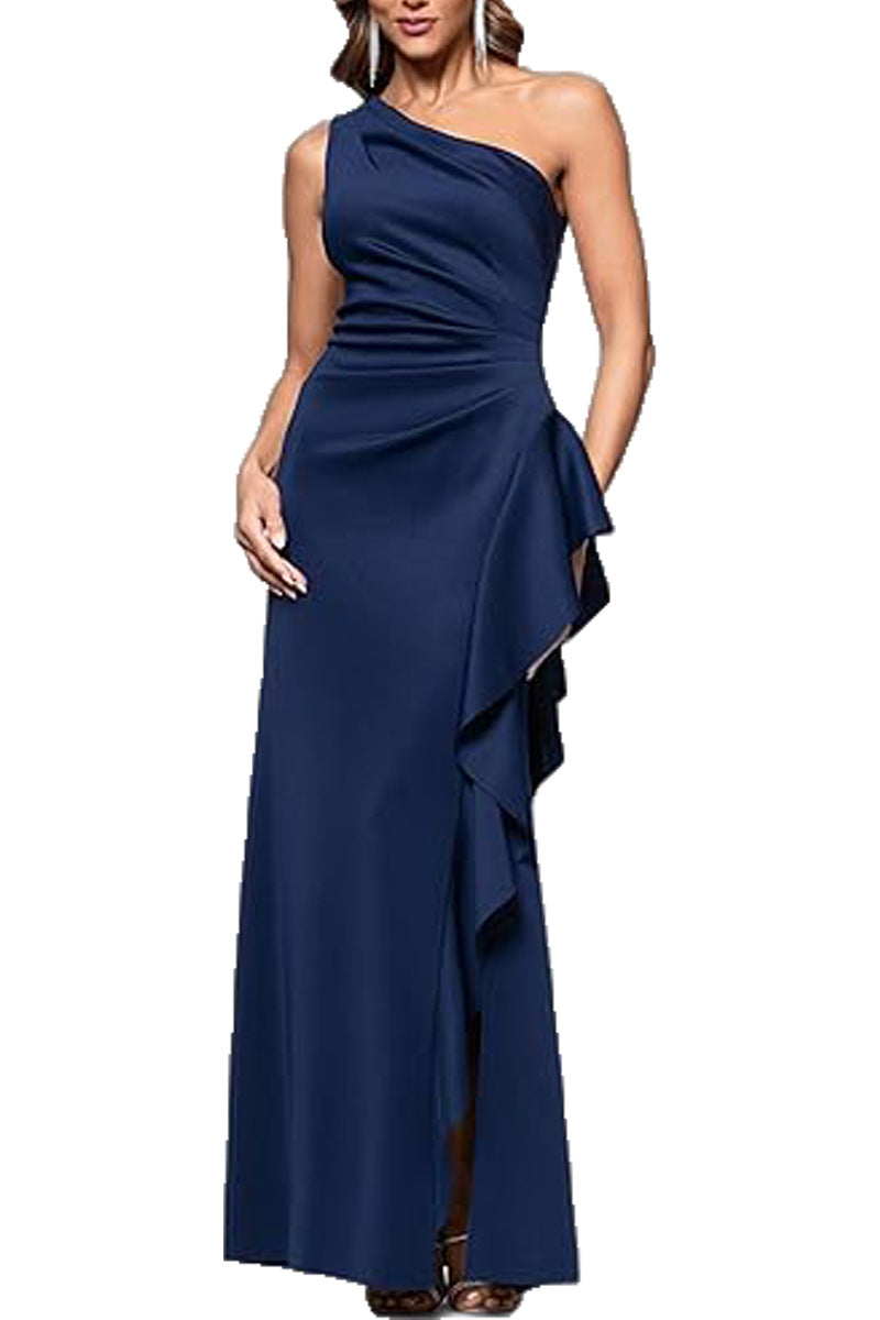 Ein-Schulter-Abendkleid mit elegantem Unifarbton, schmaler Taille, Schlitz und seitlichen Rüschen im Fishtail-Stil