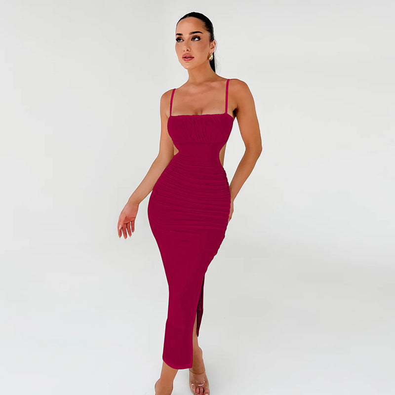 Robe camisole femme sexy dos nu à volants fendue sur le côté maxi